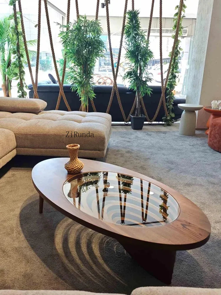 Table basse moderne en bois massif pour petit appartement, table à thé ovale de luxe haut de gamme pour salon