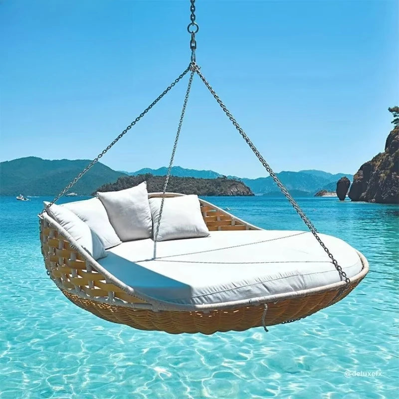 Hotel Outdoor Rattan Hanging Bed Patio Swing Chair Wicker Furniture Porch Swing Bed