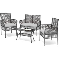 4-Piece Rattan Patio Sofa Furniture Set with Two-Tier Coffee Table, Weather-Resistant Upholstered Couch, Openwork Wicker Convers