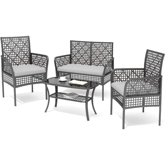 4-Piece Rattan Patio Sofa Furniture Set with Two-Tier Coffee Table, Weather-Resistant Upholstered Couch, Openwork Wicker Convers