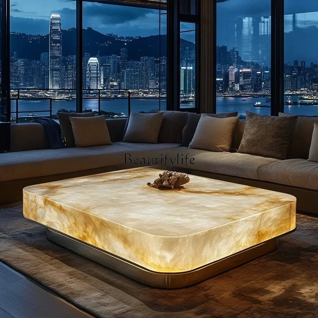 Square luxury stone leather luminous jade coffee table large flat-floor villa living room modern marble