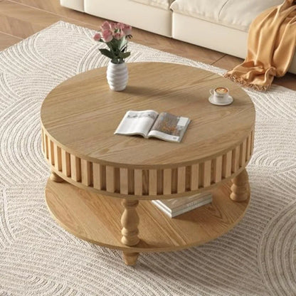 31.49'' Round Wood Coffee Table with Storage 2-Tier Circle Fluted Coffee Table Natural Rustic Center Table with Lid Shelf for L