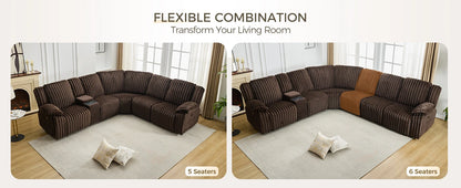 6 - Seater Power Reclining Living Room Sectional Sofa with Wireless Charger, Plush Faux Fur Couch with 2 Recliner