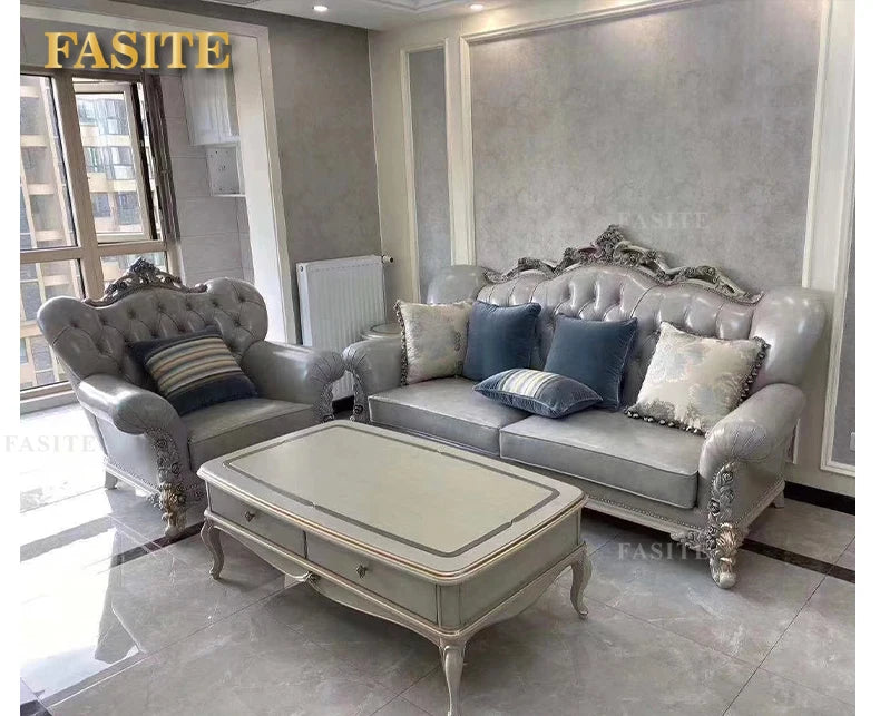 French light luxury living room large apartment first layer cowhide European solid wood carving flower three sofa combination