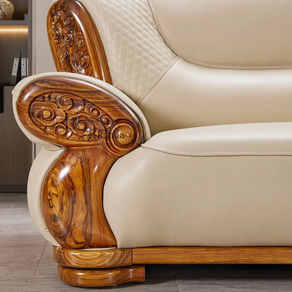 Ebony leather sofa, living room solid wood princess corner sofa, modern furniture