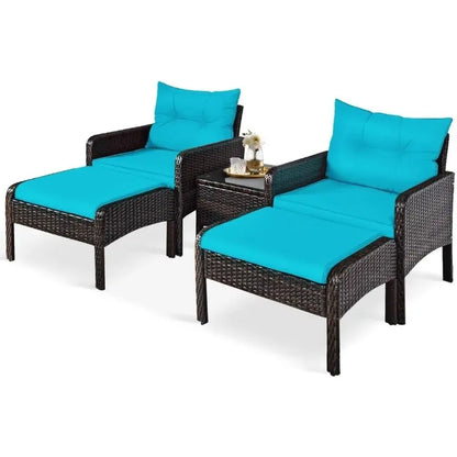 5Pieces Patio Furniture Set Outdoor Rattan Wicker Conversation Set with Coffee Table Cushioned Sofas and Ottoman Chat Set for G