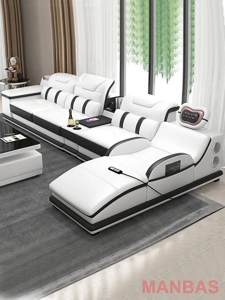 a48 Italy Genuine Leather Sectional Sofa with Bluetooth Speaker,Functional Headrest,Massage Chaise | L Shape Corner Couch