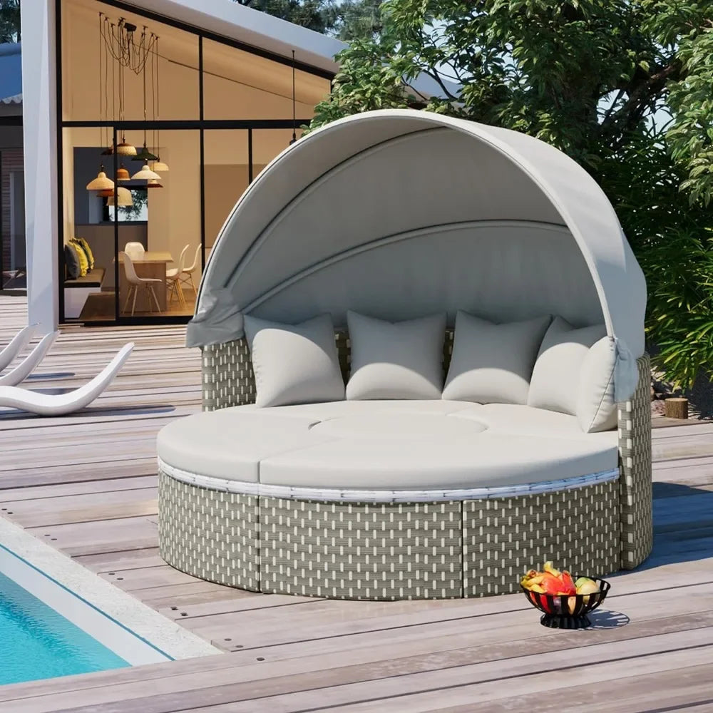 %a Patio Rattan Sunbed with Retractable Canopy, Round Outdoor Sectional Sofa Set with Separate Seating,liftable Table and Remov