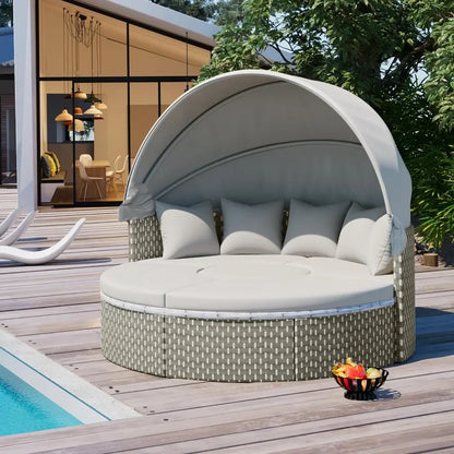 %a Patio Rattan Sunbed with Retractable Canopy, Round Outdoor Sectional Sofa Set with Separate Seating,liftable Table and Remov