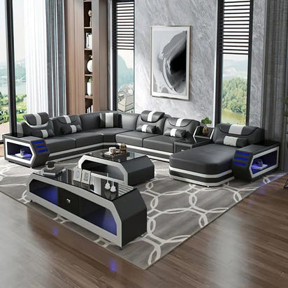 Modern Living Room Sofa Set Genuine Leather Sofas with USB Music Speaker