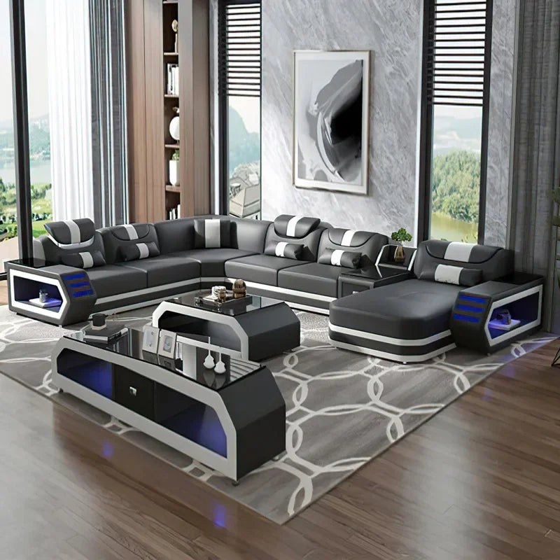 Modern Living Room Sofa Set Genuine Leather Sofas with USB Music Speaker