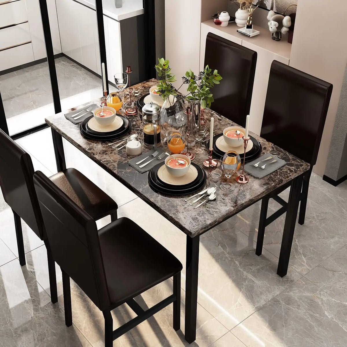 Faux Marble Dining Table Set for 4, PU Leather Chairs, Modern Kitchen Table & Chairs, Coffee Color