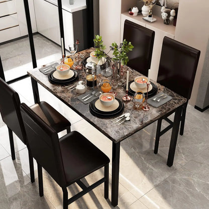 Faux Marble Dining Table Set for 4, PU Leather Chairs, Modern Kitchen Table & Chairs, Coffee Color