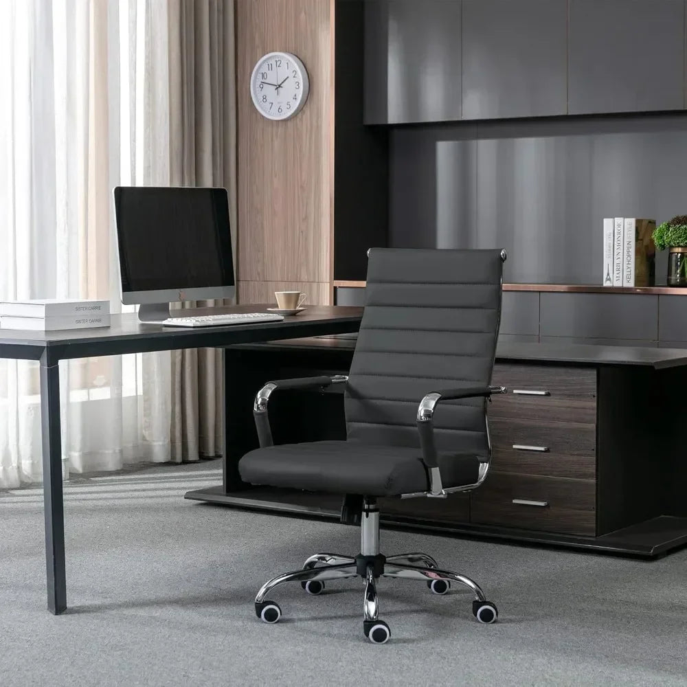 "contemporary ribbed home office chair, sleek leather meeting room seating, ergonomic desk chair for comfort, high-back executiv