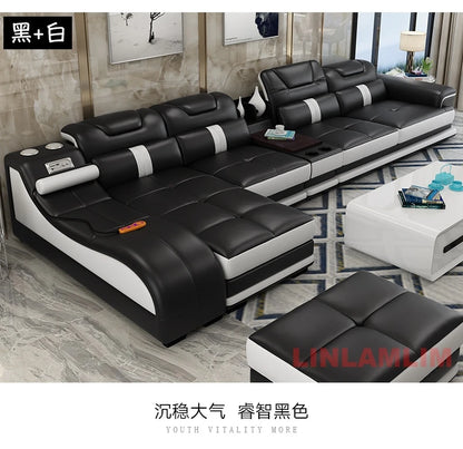 Sectional Sofa with Massage Chaise Lounge, Cup Holder, USB, Adjustable Headrests – Italian Genuine Leather Living Room Couch