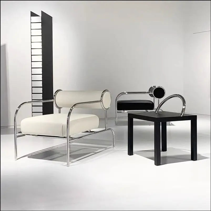 Art Deco Style Chrome & Leather Lounge Chair,Accent Leisure Chair with Geometric Metal Frame,Retro Furniture for Living Room