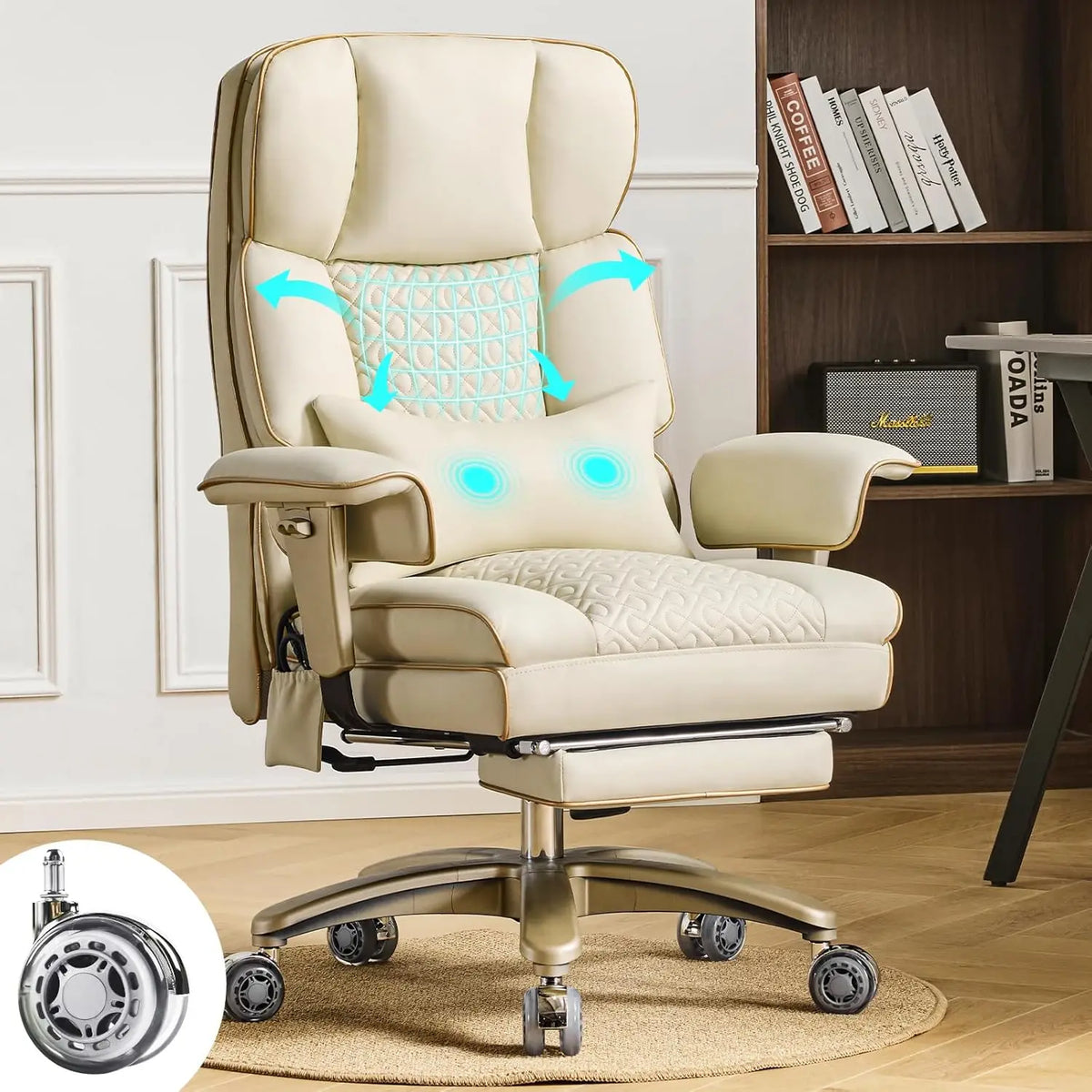 Big Tall Executive Office Chair 500lbs, Comfortable PU Leather Desk Chair with Footrest Adjustable Air Back Support, Lumbar Mass