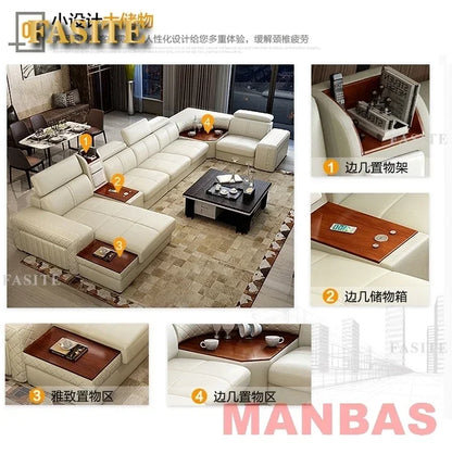 Italian Leather Couch With Heating Seat Cold Fridge Genuine Leather Sofa With Headrests USB, Stools And Storage Easy to clean