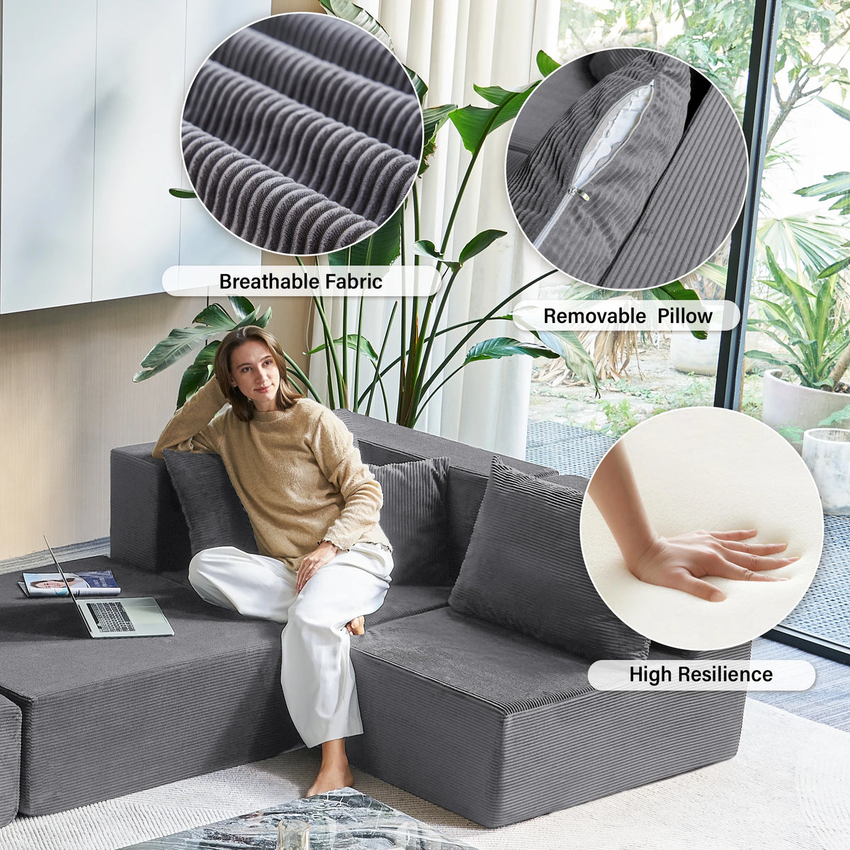 Modular Sectional Sofa Couches Corduroy Sleeper Deep Seat Sofa Bed, Comfy Cloud Couch for Living Room Floor Sofa, 6 Piece F