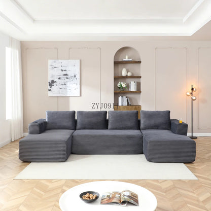 132-Inch boneless sofa, modern corduroy U-shaped modular section sofa, comfortable sofa with cup holder
