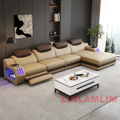 Modern Genuine Leather Massage Sectional Sofa Bed with Adjustable Headrests & LED Lights, Recliner Couch Set with Storage & USB