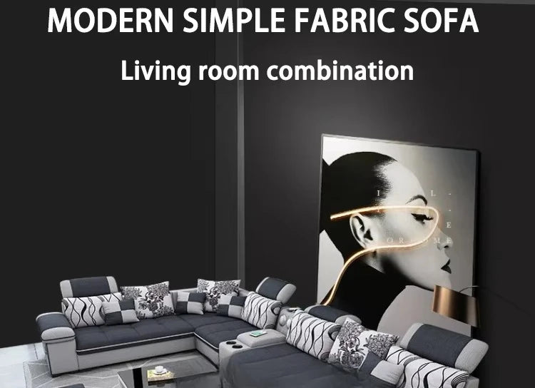 Modern simple living room sofa set U-shaped sleepable luxury cloth sofa villa large combination corner function sofa