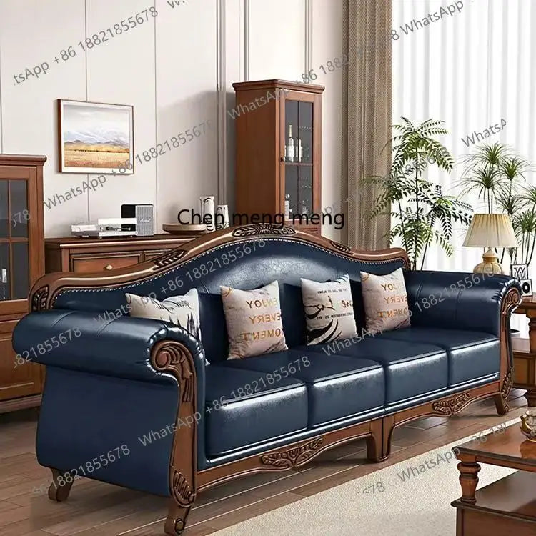 American vintage leather sofa living room solid wood country European style sofa inline furniture