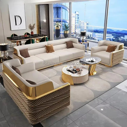 High-end combination sofa set Luxury gold stainless steel back Modern fabric Chesterfield 1 2 3 4-seat sofa Villa leisure