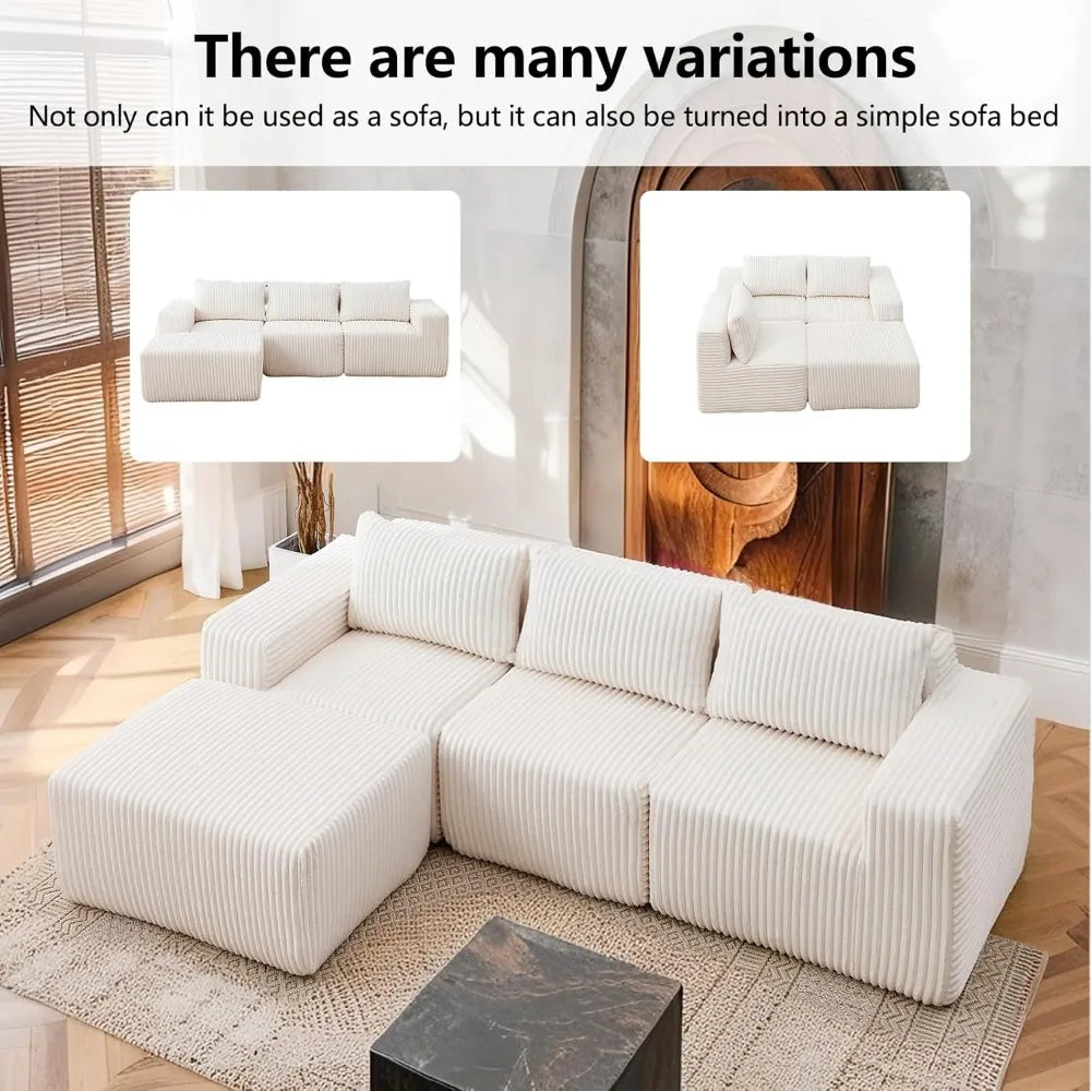 Luxury L-Shaped Modular Sofa – Boneless Cloud Couch with Corduroy Fabric, Memory Foam Support & No-Assembly for Living Room