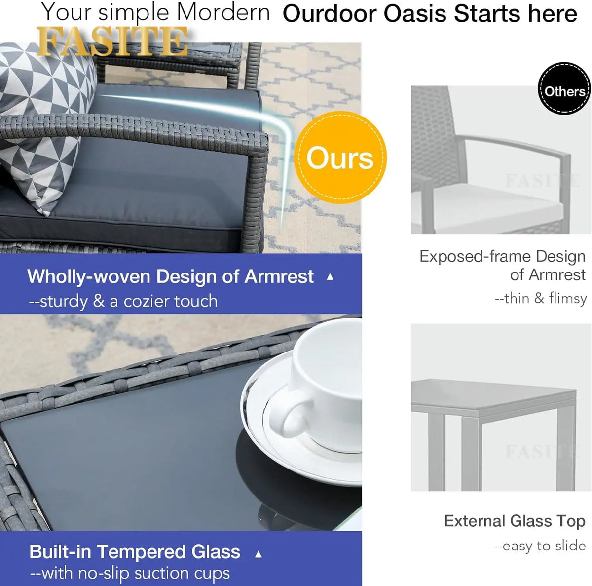 4pcs Outdoor Patio Furniture Set, Outdoor Wicker Conversation Set, Patio Rattan Chair Set, Modern Bistro Set with Coffee Table