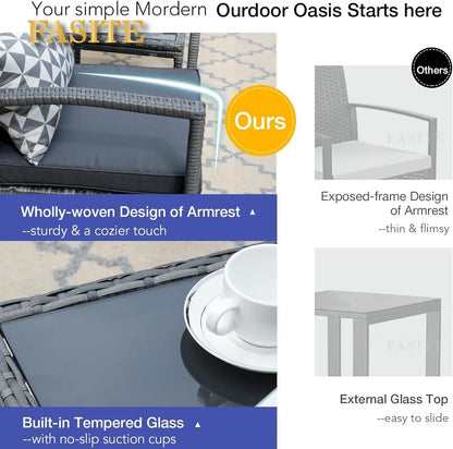 4pcs Outdoor Patio Furniture Set, Outdoor Wicker Conversation Set, Patio Rattan Chair Set, Modern Bistro Set with Coffee Table