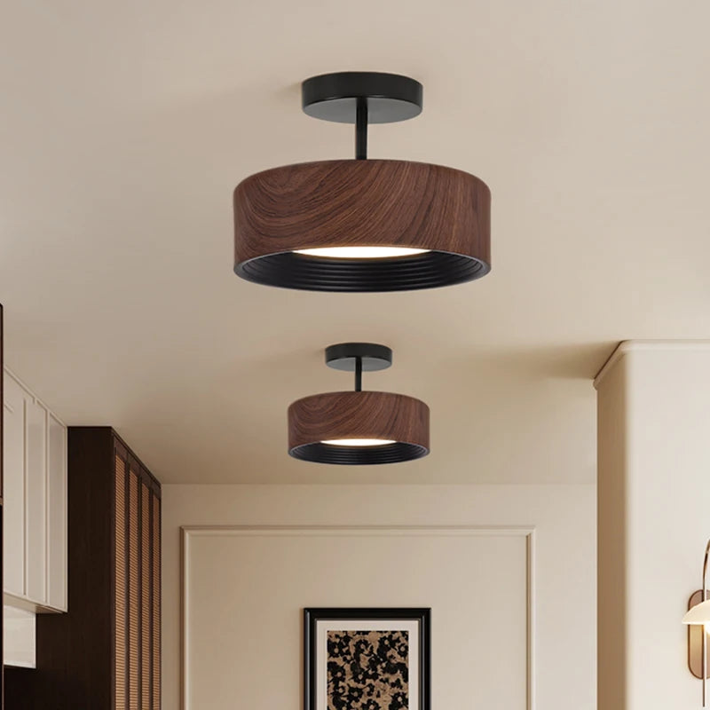 Nordic LED Ceiling Light Circular Walnut Wood Grain Aisle Light Dressing Room Corridor Balcony Decoration Indoor Ceiling Lamp