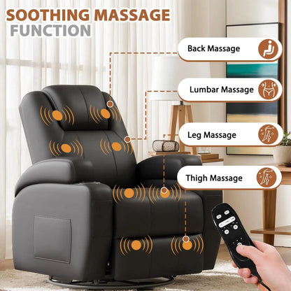360° Swivel Recliner Chair with Vibration Massage, Ergonomic Lounge Rocker for Adults, Cup Holders & Side Pockets