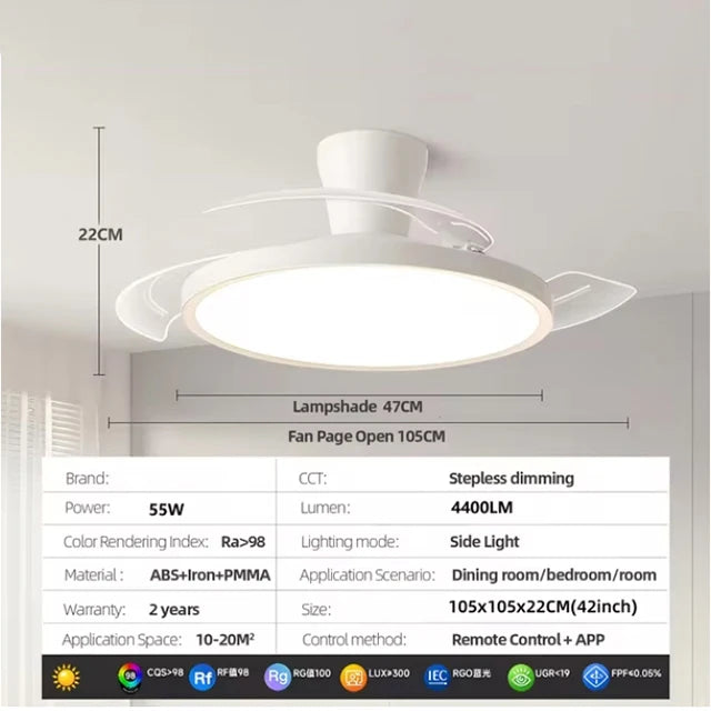 New ultra-thin chandelier fan LED Invisible ceiling fan with light 3 folding blades Pendant Light kitchen living room office