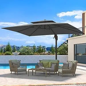 10 X 13 FT Cantilever Patio Umbrella Outdoor Heavy Duty Double Top Windproof Rectangle Offset Umbrellas with 360-degree Rotation