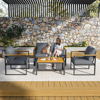4 Pieces Outdoor Patio Furniture Set, Modern Metal Balcony Furniture with Plastic-Wood Coffee Table, All-Weather Patio Conversa