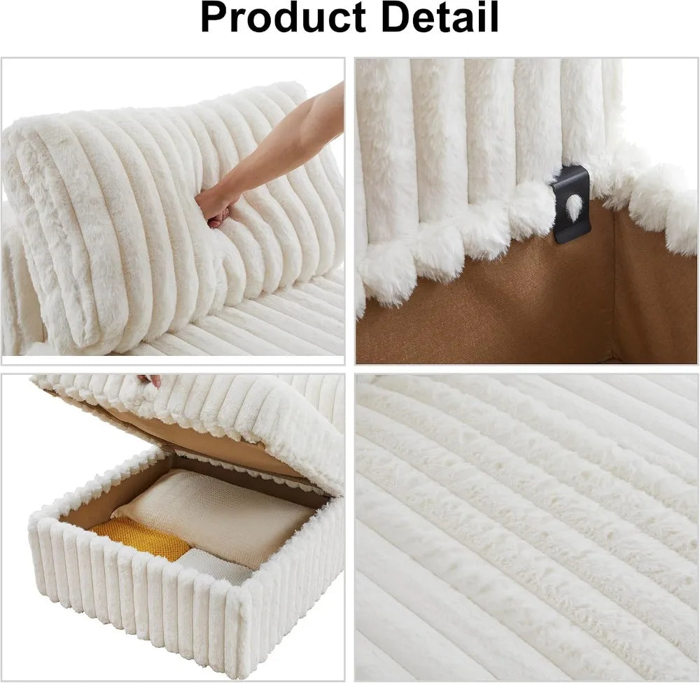 Modular U Shaped Sectional Sofa, 6-Seat Corduroy Couch with Storage, Reversible Chaise, Plush Faux Fur, White
