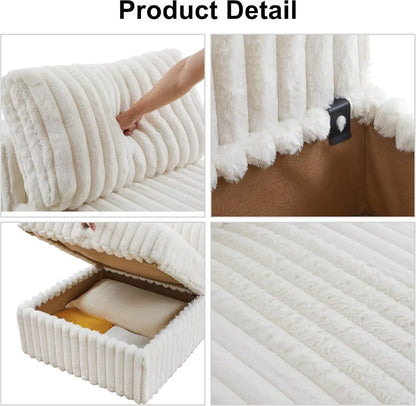 Modular U Shaped Sectional Sofa, 6-Seat Corduroy Couch with Storage, Reversible Chaise, Plush Faux Fur, White