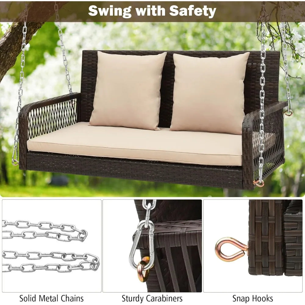 Porch Swing Outdoor 2-Person Hanging Bench Chair with Seat & Back Cushions, Heavy-Duty Metal Structure & 2 Hanging Ch