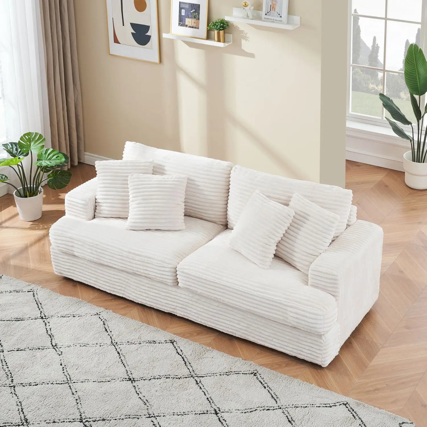 88.58\" White Corduroy 3-Seat Modern Living Room Sofa Spacious & Comfortable with 4 Elegant White Throw Pillows