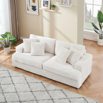 88.58\" White Corduroy 3-Seat Modern Living Room Sofa Spacious & Comfortable with 4 Elegant White Throw Pillows