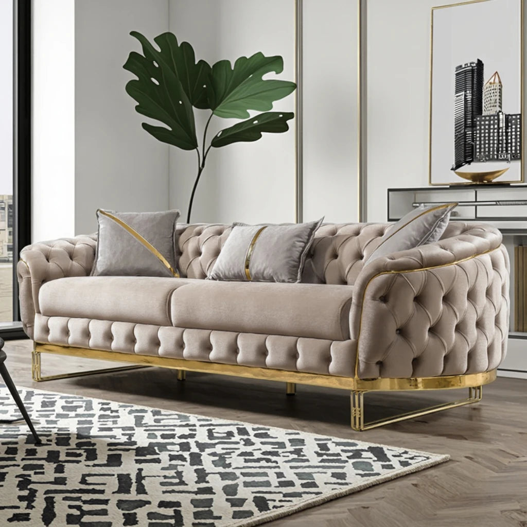 Luxury 2-3 Seater Chesterfield Sofa Hot Sales Gold Stainless Steel Frame Velvet Upholstery Sponge Filling for Hotel Home Use