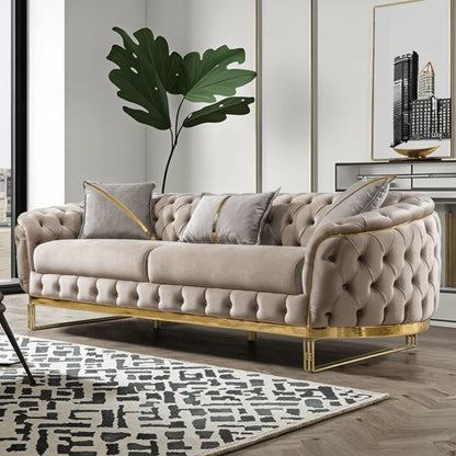Luxury 2-3 Seater Chesterfield Sofa Hot Sales Gold Stainless Steel Frame Velvet Upholstery Sponge Filling for Hotel Home Use