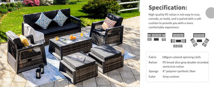 Aluminum Patio Furniture Modern Outdoor Sofa Rattan Garden Sofa with Storage Coffee Table (Grey)