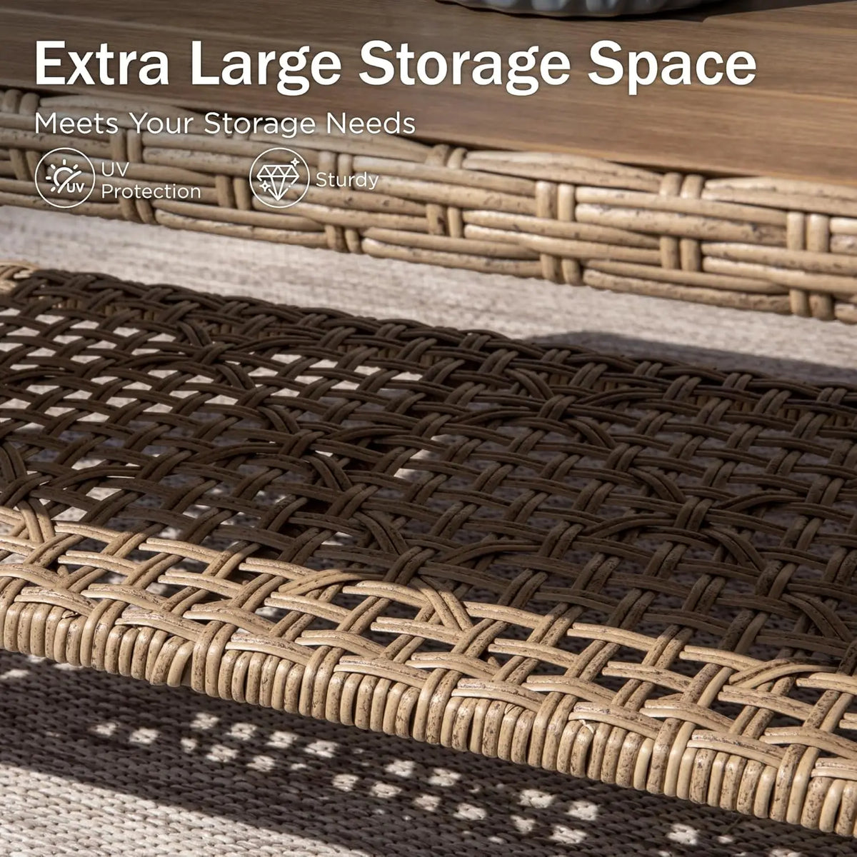 Wicker Patio Furniture Set, Sectional Outdoor Sofa with Cushions and Acacia Wood Coffee Table, L-Shaped Small Patio Co