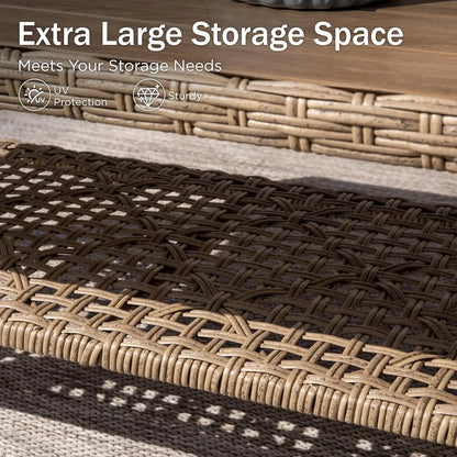 Wicker Patio Furniture Set, Sectional Outdoor Sofa with Cushions and Acacia Wood Coffee Table, L-Shaped Small Patio Co