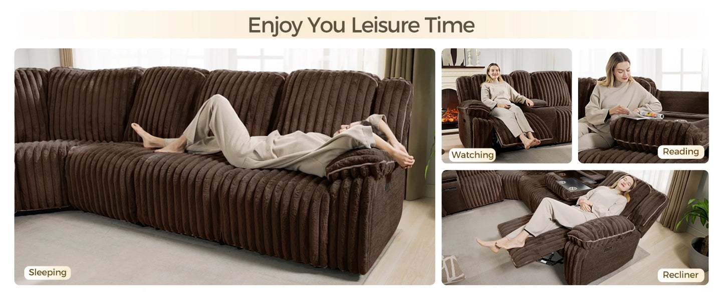 6 - Seater Power Reclining Living Room Sectional Sofa with Wireless Charger, Plush Faux Fur Couch with 2 Recliner
