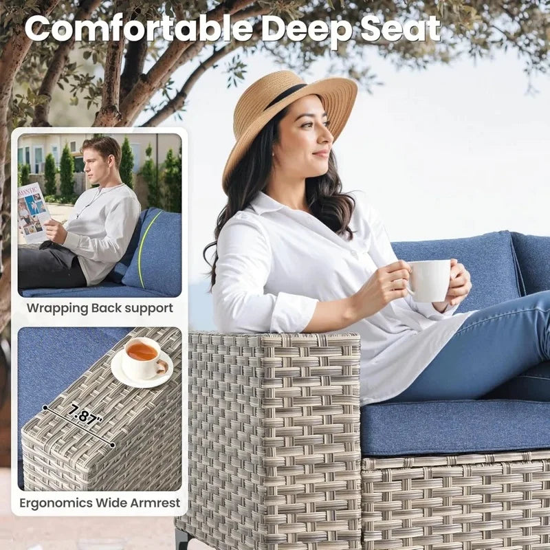 5 Pieces Outdoor Sectional Sofa Couch with Comfy Cushions Deep Seat, Modern Modular Wicker Rattan Conversation Set
