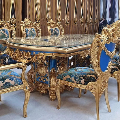 French Royal Baroque Dining Set — Hand-Carved Solid Wood Table with Upholstered Chairs, Luxury Gold for Villa/Hotel