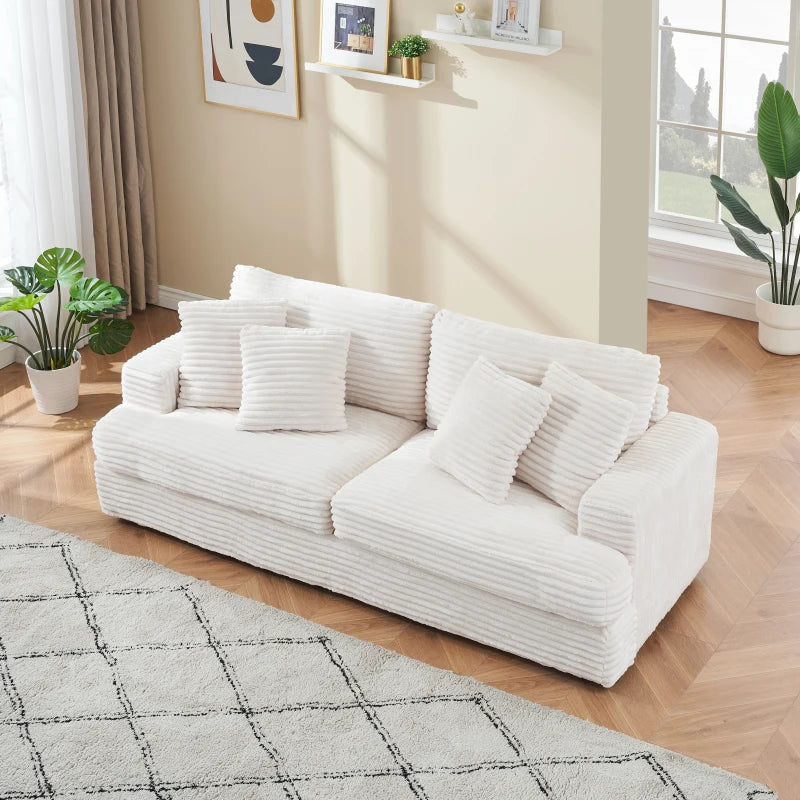 79.3-inch long corduroy sofa with 4 matching pillows, stylish design, spacious and comfortable 3-person sofa, white